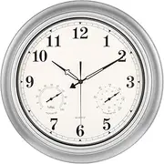 Outdoor Clocks Waterproof, 18 in Large Outdoor Clock for Patio w/Thermometer Hygrometer, Silent Battery Operated Decorative Vintage Wall Clock for Living Room/Bathroom/Pool, Silver