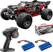 KAIMIO 1:18 Scale RC Monster Truck 40km/h Speed 4X4 All Terrain Off-Road RC Truck, Waterproof Electric RC Vehicle with Roof Lights and Heads Up Wheels with 2 Batteries (Red)