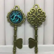 Antique Bronze-Tone Skeleton Key Hand Painted Glass Pendant 2.5" New 1566