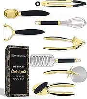 Black and Gold Kitchen Utensils - Luxe 8-Piece Gold Kitchen Tools Set with Can Opener, Pizza Cutter, Peeler, Mini Whisk, and Tongs - Stylish Accessories for Modern Cooking and Ideal for Gifting