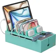 Bamboo Charging Stand Rack, Wooden Charge Box for Mobile Phones, Tablets, Smart Watch and Earbuds, Wire Cable Organizer Box, Bedside Dock Stand Holder (NO Power Adapter Supply)-Teal