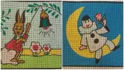 Pair Vtg MARGOT PARIS needlepoint Handpainted canvas Rabbit Mime Clown 8”x8” F17