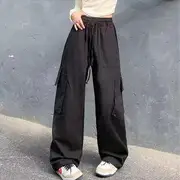 High Waist Pocket Loose-Fit Wide-Leg Cargo Pants Army Green - M