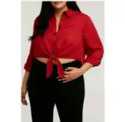 Charlotte russe button up blouse womens plus size 2x red cropped tie front