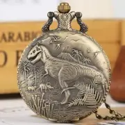 Bronze 3D Dinosaur Forest Design Unisex Kid Quartz Pocket Watch Necklace Chain