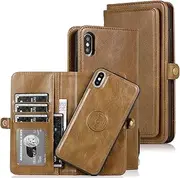 Cavor for iPhone Xs Max Wallet Case,2 in 1 Magnetic Detachable Case Leather Flip Cover with Stand Feature & Card Slots & Wristlet Strap (6.5")-Brown