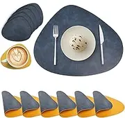 Placemats and Coasters Sets of 6, Round PU Leather Table Mats Dual-Sided Place Mats Heat-Resistant Washable Non-Slip Table Placemats for Kitchen Restaurant Outdoor (Blue Yellow)