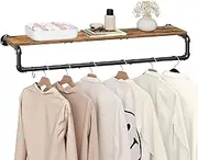 Wall Mounted Industrial Clothing Rack Pipe Clothes Rack with Rustic Brown Top Shelf Heavy Duty Detachable Garment Rack Hanging Clothes
