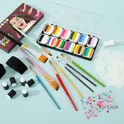 Face Paint - Face Painting Kit for Kids, Water Soluble Face Painting Palette with Brushes Stencils Finger Caps Sponges Spray Bottle Safe Body Paint Kit for Halloween Cosplay