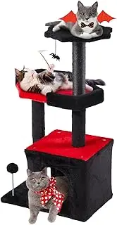 Erinnyees Gothic Cat Tree, Black Cat Tower for Indoor Kitties, 33.5" Kitty Condo with Scratching Post, Coffin Bed, Small Goth Tree with Spooky Ball for Pets, Halloween