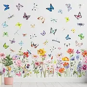 6 Pieces Flowers Wall Decals Vinyl Dragonflies Flowers Wall Stickers Removable Floral Wall Murals Peel and Stick Colorful Flower Wall Decor for Girls Bedroom Living Room Nursery (Modern)