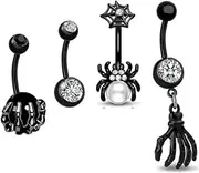 [IrbingNii] 14G 316l Surgical Stainless Steel Black Belly Navel Button Rings with Dangling Sparkly Cubic Zirconia, Screw Bar Design Body Piercing