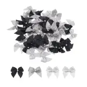 60Pcs Mini Black/Grey/Silver Ribbon Bow with Pearl 1" Ribbon Flowers Applique