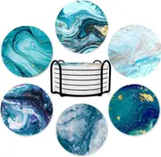 6x Ceramic Ocean Stone Coasters Round Absorbent Drinks Holder with Cork