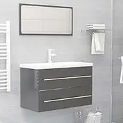 Modern 2-Piece High Gloss Grey Bathroom Furniture Set with Mirror and Sink Cabinet, Sturdy Engineered Wood, Space-Saving Design