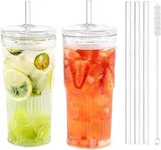 ETKXRYJWP 2 Pack 20oz Glass Cups with Lids and Straws, Mason Jar Drinking Glasses Iced Coffee Cup, Glass Tumbler Smoothie Cup for Long Drinks