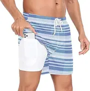 [GuoChe] Beach Shorts for Men Men 2In1 Workout Shorts Blue Horizontal Stripes Phone Pocket Sport Shorts Quick Dry