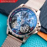 Mens Luxury Automatic Mechanical Skeleton Watch Rose Gold Stainless Steel Mesh