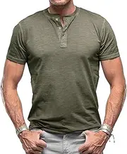 [Aosufei] Men's Lightweight 3 Button Summer T-Shirts Short Sleeve Solid Worktout Tops Shirts Stylish Casual Sport Tee Shirts, Army Green1, Small