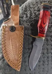 GENUINE LEATHER HAND CRAFTED BELT SHEATH FIXED BLADE KNIFE DAMASCUS BLADE