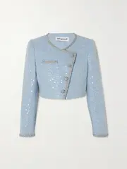 [Self-Portrait] Self-Portrait - Cropped Embellished Sequined Bouclé Jacket - Blue - UK 14 UK 14 Blue
