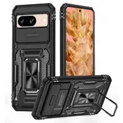 For Google Pixel 8 Slide Camera Cover & Kickstand, Built-in 360° Rotate Ring Stand Magnetic Ring Shockproof Heavy Duty Case (Black)
