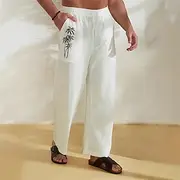 Men's Linen Pants Trousers Summer Pants Beach Pants Pocket Drawstring Elastic Waist Coconut Tree Comfort Breathable Vacation Daily Holiday Hawaiian Boho White