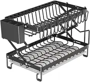 populusl 2 Tier Foldable Dish Drying Rack with Removable Drain Board, Cutting Board Holder, Cup Holder and Cutlery Rack, Installation-Free & Rustproof Dish Drainer, Saving Space for Kitchen (Black)