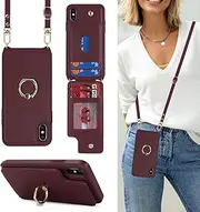 Lipvina for iPhone X/XS Case with Card Holder and Strap for Women,Crossbody Lanyard,Kickstand Ring Stand,Snap Clasp,Phone Wallet Cases 5.8 inch(Wine Red)