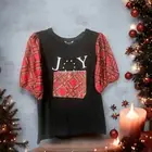 More Love & Lace Holiday Plaid & Pearl Puff Sleeve Top Shirt