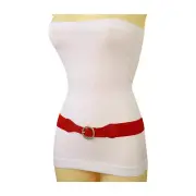 Women Red Elastic Skinny Business Casual Cool Belt Gold Circle Metal Buckle S M