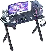 Computer Gaming Desk RGB LED: Small Game Table 100cm x 60cm Carbon Fiber Black Desktop Gamer Desks for Monitor Keyboard Headphone Hook Cup Holder PC Accessories Office Home Workstation