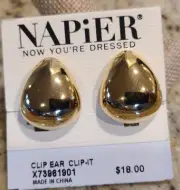 NEW! Napier Clip On Earrings Classic Gold Tone Teardrop Thick Half Hoops