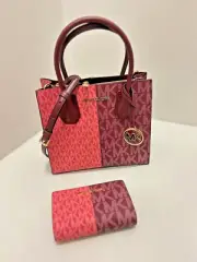 Michael Kors Mercer MD Satchel Messenger Xbody Bag + Bifold Wallet Oxblood Multi