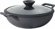 Meyer Pre-Seasoned Cast Iron Wok 26cm with Tempered Glass Lid, Kadai, Induction Compatible Cast Iron Pan, Oven Safe, Black
