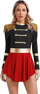 [Linjinx] Womens Circus Ringmaster Costume Sparkly Sequins Tassels Showman Jumpsuit Skirted Bodysuit