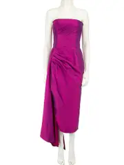 Magenta Fitted Silk Gathered Drape Detail Midi Dress