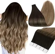 Full Shine 22" Tape in Hair Extensions Human Hair Ombre Balayage Hair Extensions Color #2 Fading to #6 and #18 Ash Blonde Highlighted Extensions Real Hair Glue in Extensions 50g 20Pcs Per Package