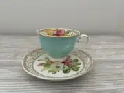 Grace Teaware Miniature Coffee Cup Saucer Flowers Teal Gold