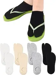 [Sintege] 4 Pairs Flip Flop Tabi Socks Set 2 Toe Low Cut Elastic Japanese Split Toe Ankle Crew Athletic Short Socks for Men Women Supplies, Black, White, Gray, Skin Color