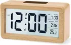 Digital Alarm Clock, Wooden Bedside Clock with Large LCD Backlit Display, Temper