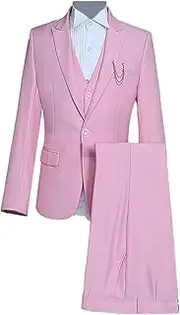 [JEShifangjiusu] Men 1 Buckle Solid Color Performance Set Fashion Formal Wedding Tuxedo 3 Pieces Suit Prom Party Business Jacket Vest Long Pants, Pink, L