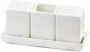 Sizikato Set of 4 Pure White Porcelain Salt and Pepper Shakers and Toothpick Holder and Tray.