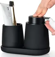 Umlaca Black Bathroom Accessories Set 3 pcs - Ceramic Foaming Bathroom Soap Dispenser Set Farmhouse Black Bathroom Decor, Soap Dispenser and Toothbrush Holder/Tumbler Cup, Tray