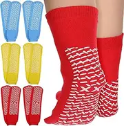 [JIEYAO] 6 Pairs XX-Large Hospital Non-Slip Socks, Non-Skid Slipper Socks Soft Gripper Socks for Women Men Home Hospital, Red, Blue, Yellow, 2-8.5 Women/1.5-8 Men