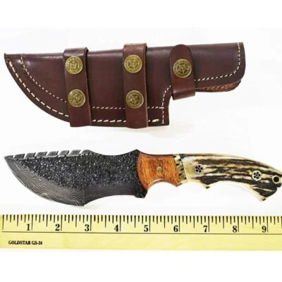 AB CUTLERY CUSTOM HANDMADE DAMASCUS TRACKER KNIFE HANDLE BY STAG ANTLER