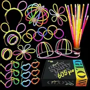 Dragon Too Glow Stick Party Set - 605 Pieces - Includes Connectors to Create Necklaces Bracelets Glasses Heart Glasses Hats Headbands Balls and Flowers - Glow in The Dark Party Favors -