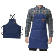 Chef Aprons for Men Women with Large Pockets, Cotton Canvas Cross Back Blue