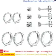 3 Pairs Sterling Silver Studs Rings Earrings Zirconia Cartilage Hoops Sets