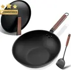 Carbon Steel Wok 32cm Non-Stick with Lid Spatula Flat Bottom Induction Wok Pan